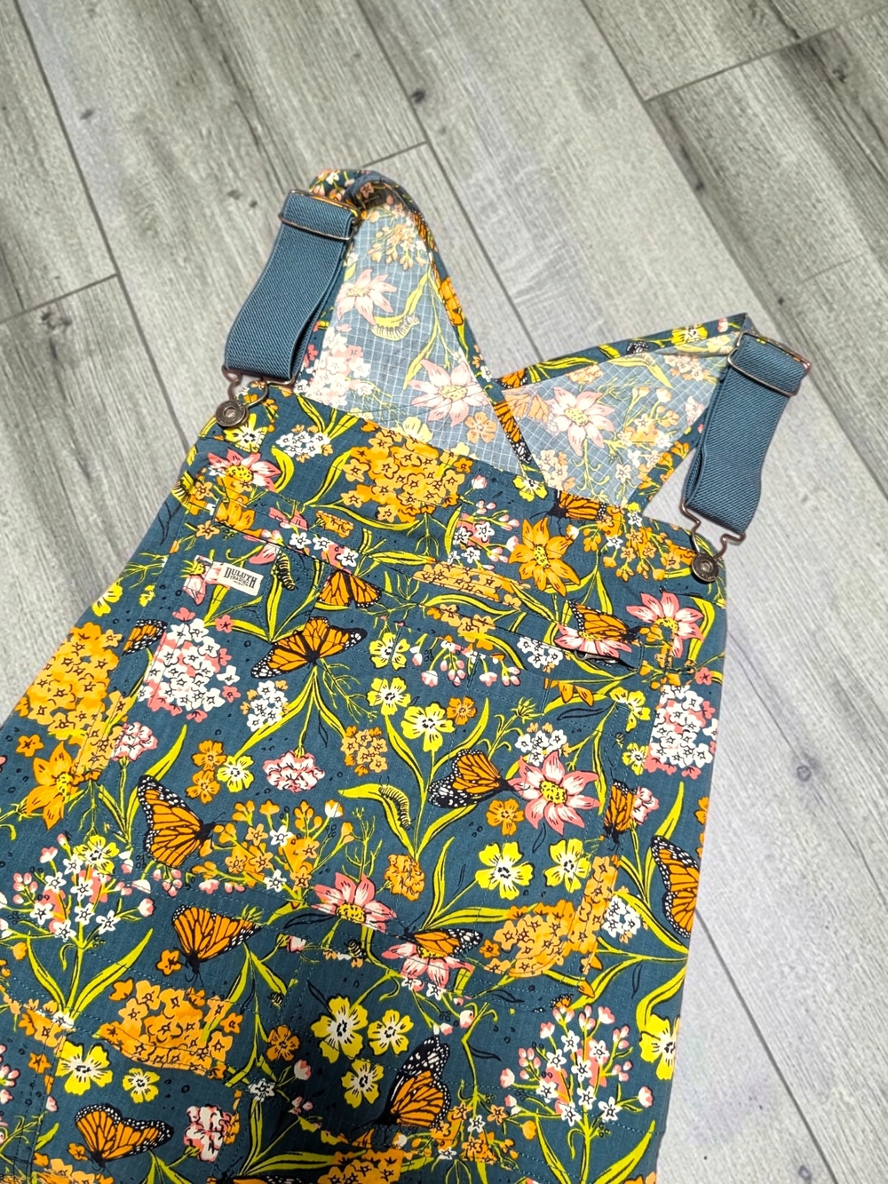 Duluth Trading Co Floral Butterfly Overalls in Teal and Yellow